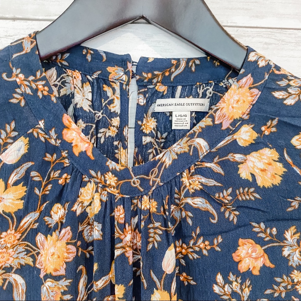 AE Blue Floral Button Back Peasant Top - Picture 3 of 6